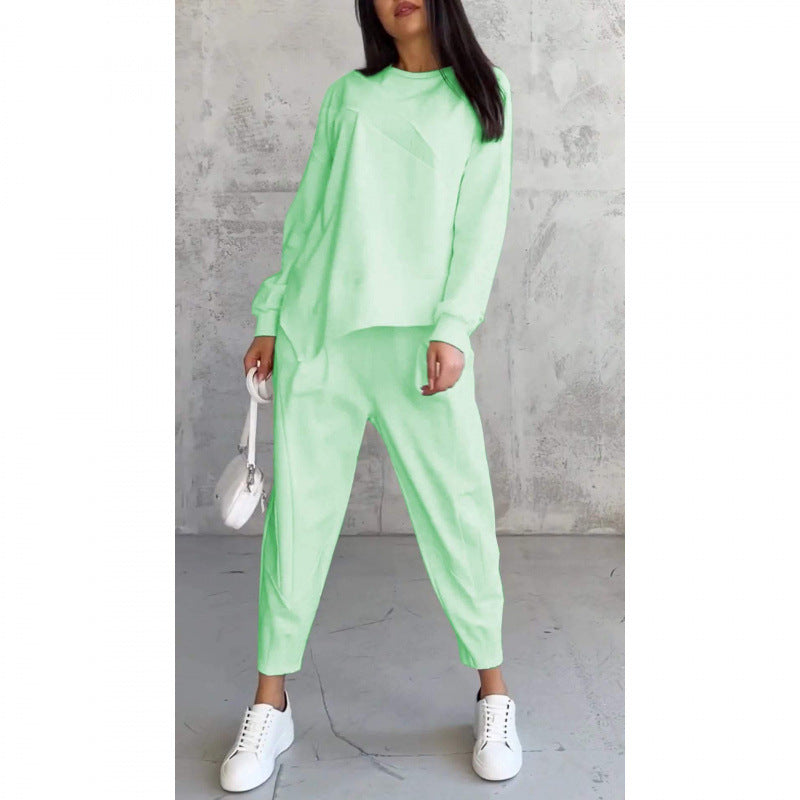 💕Conjunto de sudadera de manga larga con bajo irregular y pantalones para mujer