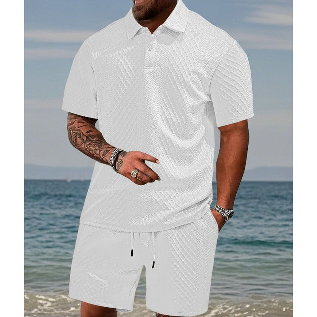 Men’s Diamond Pattern Turn-Down Collar Short Sleeve Top & Drawstring Shorts 2-Piece Set