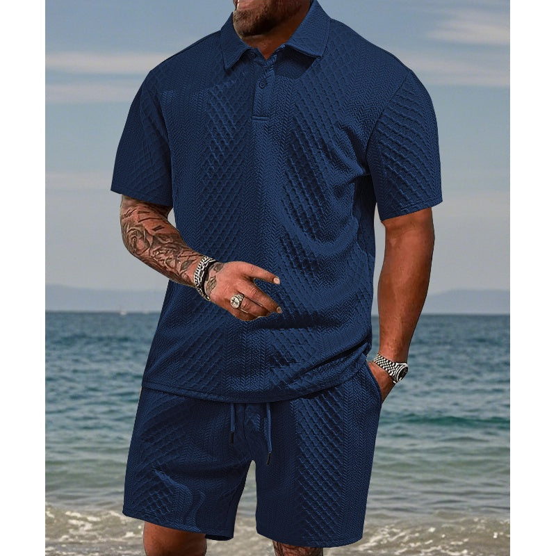 Men’s Diamond Pattern Turn-Down Collar Short Sleeve Top & Drawstring Shorts 2-Piece Set